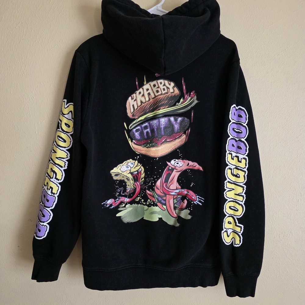 H&M Spongebob Hoodie Black With Colorful Krabby Patty And Patrick Star Graphic